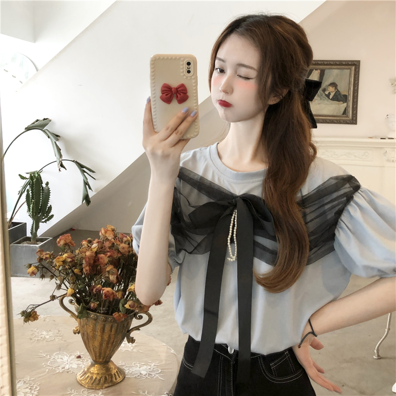 Masami寬鬆網紗蝴蝶結短袖T恤女夏季網紅學院風白色上衣