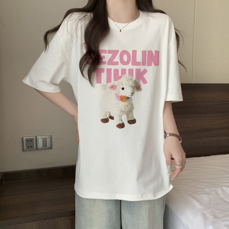 實拍 100%棉精梳純棉 印花夏裝短袖T恤女寬鬆韓版