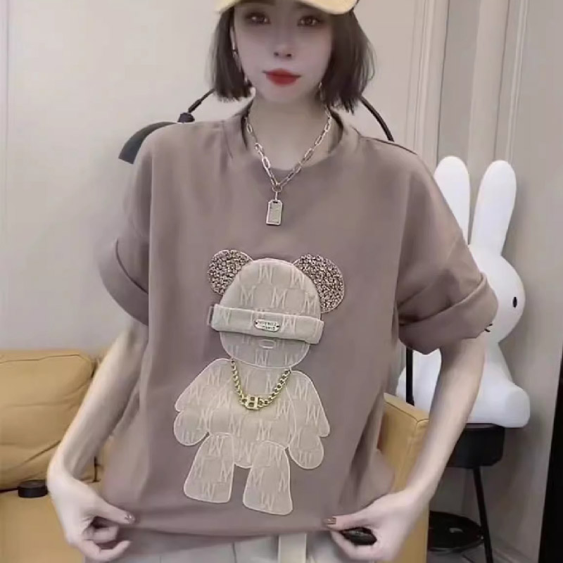 Original workmanship European goods heavy industry diamond brushed short-sleeved 2024 summer new loose round neck versatile T-shirt for women