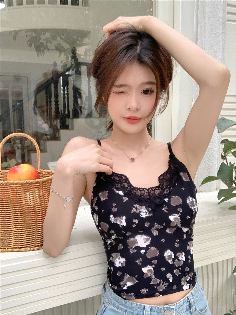實拍~豹紋蕾絲花邊美背吊帶背心外穿甜辣復古無袖打底衣