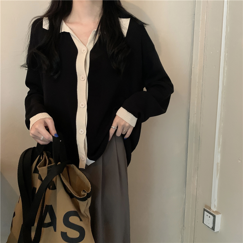 Actual shot of Korean style long-sleeved color-blocked lapel cardigan sweater top
