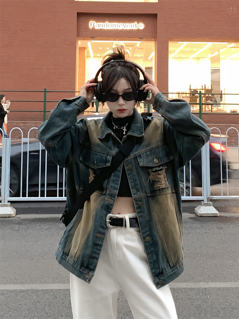復古做舊破洞牛仔外套女春季2024新款設計感寬鬆中長款長袖上衣潮