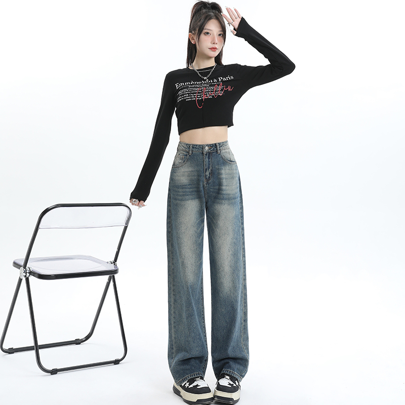 實拍2024早春時髦感高腰百搭微喇顯瘦百搭牛仔褲女
