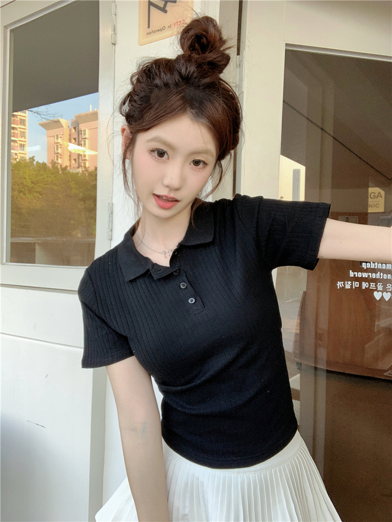 實拍 韓版小個子復古polo領針織衫短袖T恤純色上衣