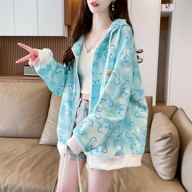 Real shot 2024 spring new Korean style 320g loose hooded bear print zipper cardigan thin jacket for women