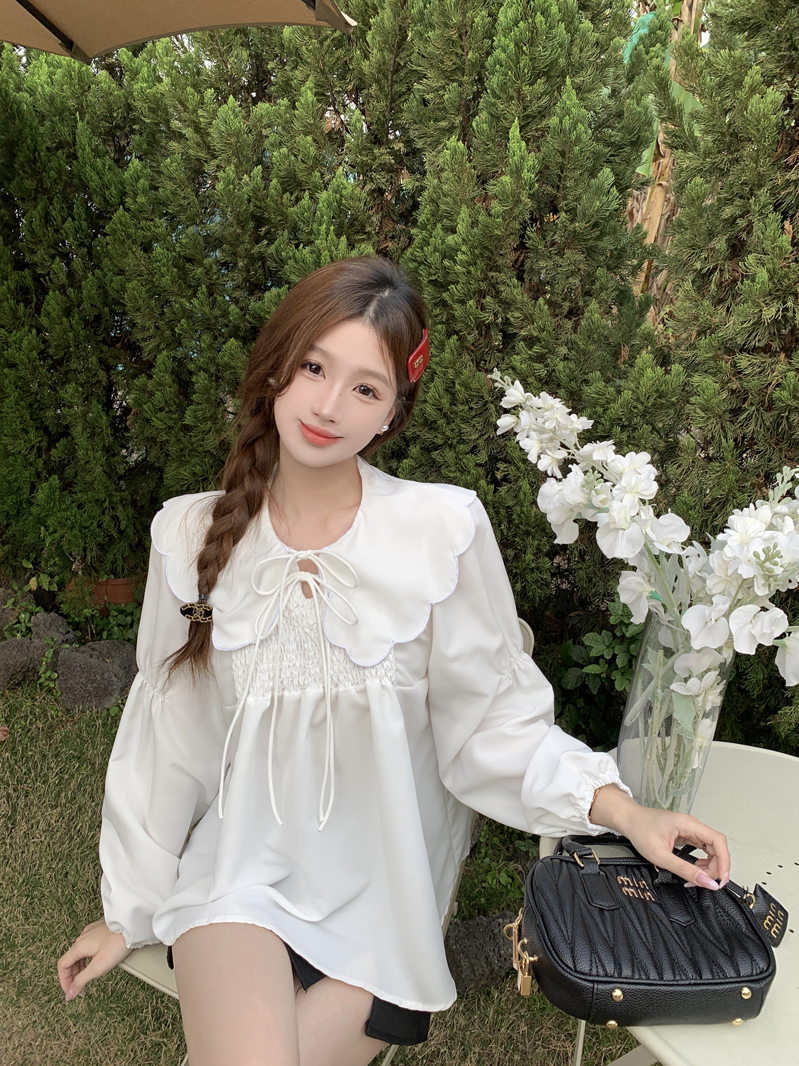 韓版復古甜美少女寬鬆系帶娃娃領襯衫2024春季新款內搭外穿上衣服
