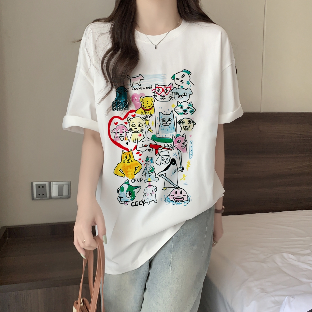 實拍 100%棉精梳純棉 印花夏裝短袖T恤女寬鬆韓版