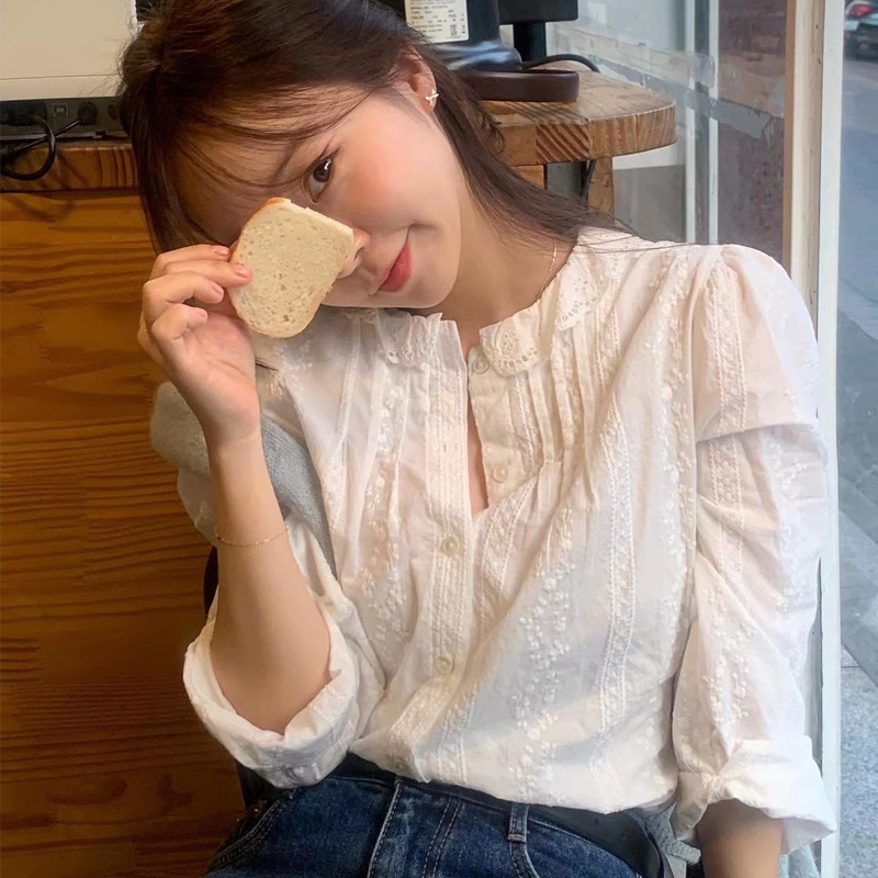 韓系蕾絲花邊泡泡袖圓領襯衫女秋新款小眾氣質溫柔風小衫秋季上衣