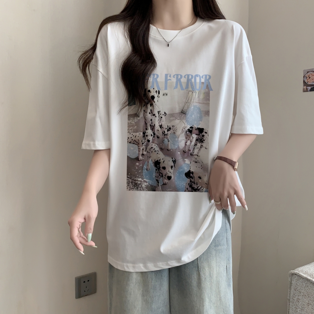實拍 100%棉精梳純棉 印花夏裝短袖T恤女寬鬆韓版