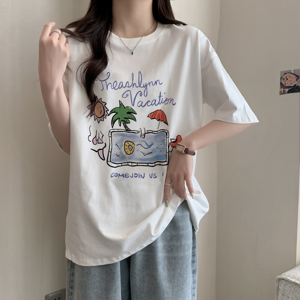 實拍 100%棉精梳純棉 印花夏裝短袖T恤女寬鬆韓版