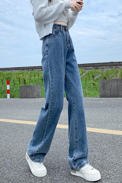 高腰牛仔褲女寬鬆直筒褲闊腿褲老爹褲牛仔長褲女春秋休閒純色