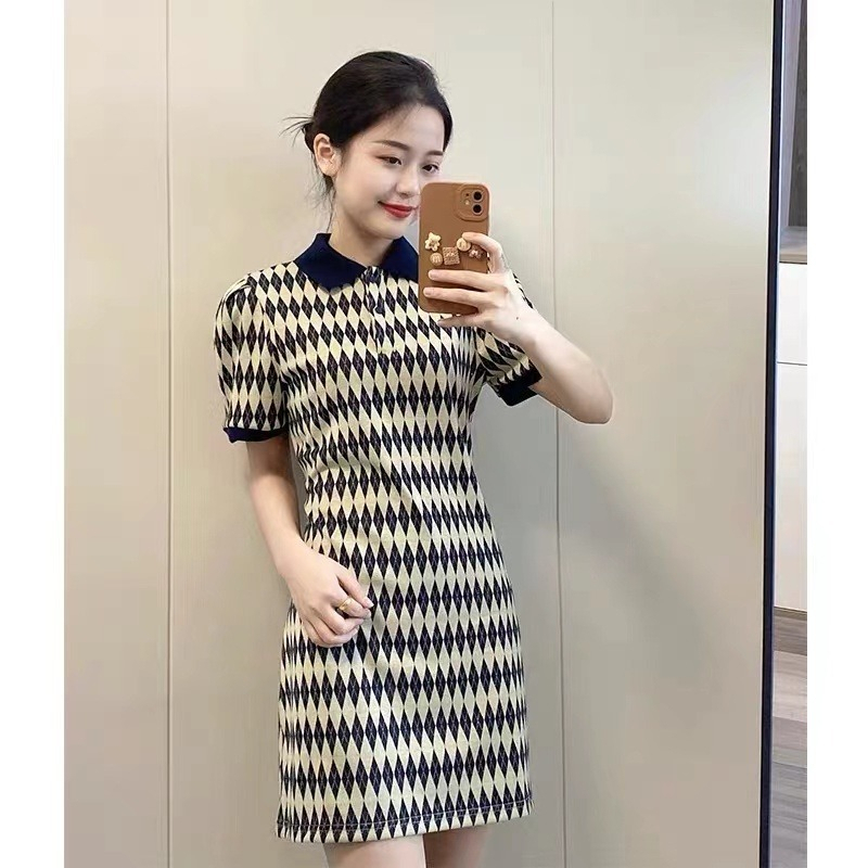 法式polo領菱格子連衣裙女夏季2024新款復古小眾設計修身短裙子