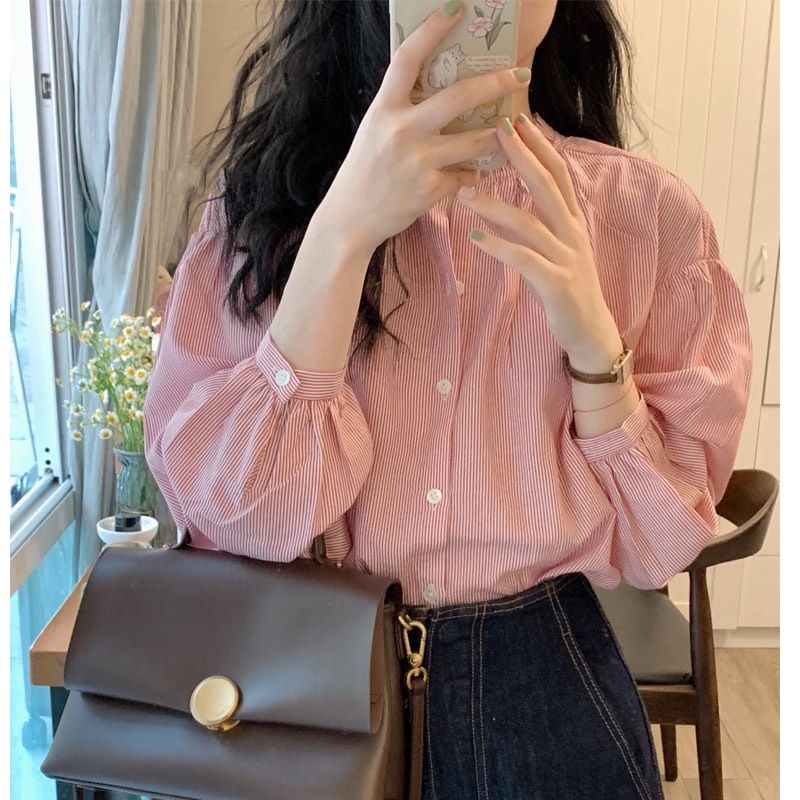 粉色天絲條紋襯衫女夏季設計感小眾法式高級感襯衣小個子別致上衣