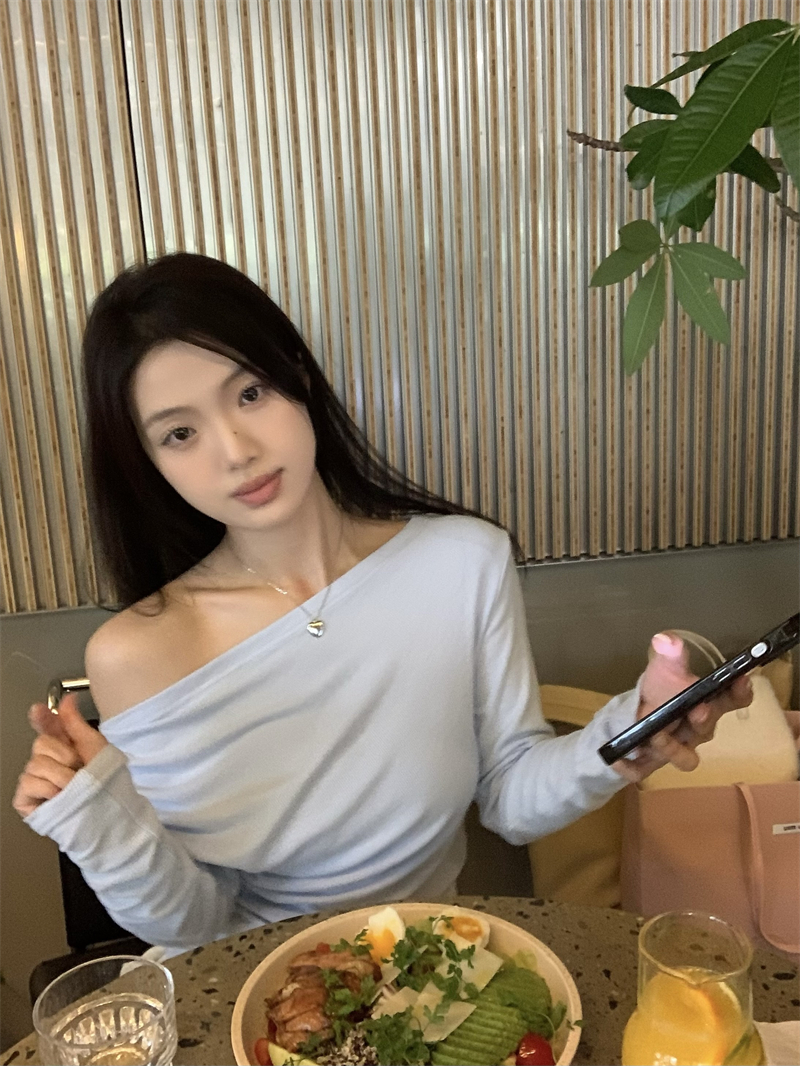 實拍~ 鎖骨殺手 純欲辣妹斜肩顯瘦一字肩長袖上衣T恤