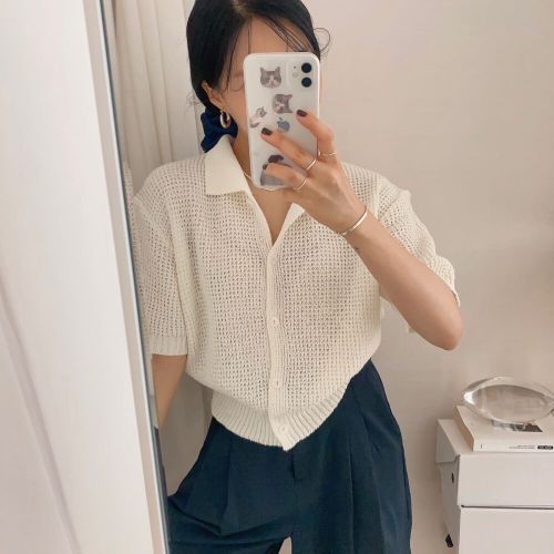 Large size original curved bead heavy drape lapel cardigan sweater can be worn in summer cool solid color short-sleeved sweater