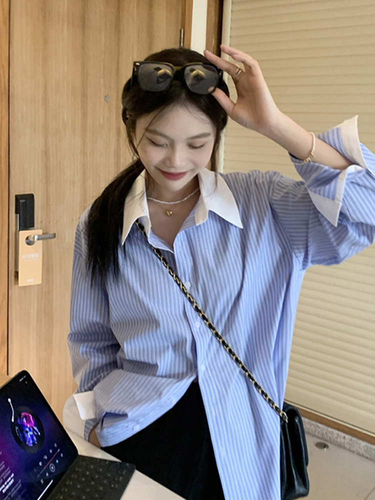 藍白條紋撞色襯衫女2024春秋薄款小眾設計高級感法式寬鬆防曬上衣