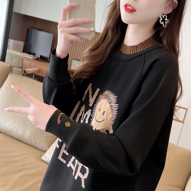 實拍 2024春季新款韓版320克寬鬆半高領印花大碼薄款衛衣女