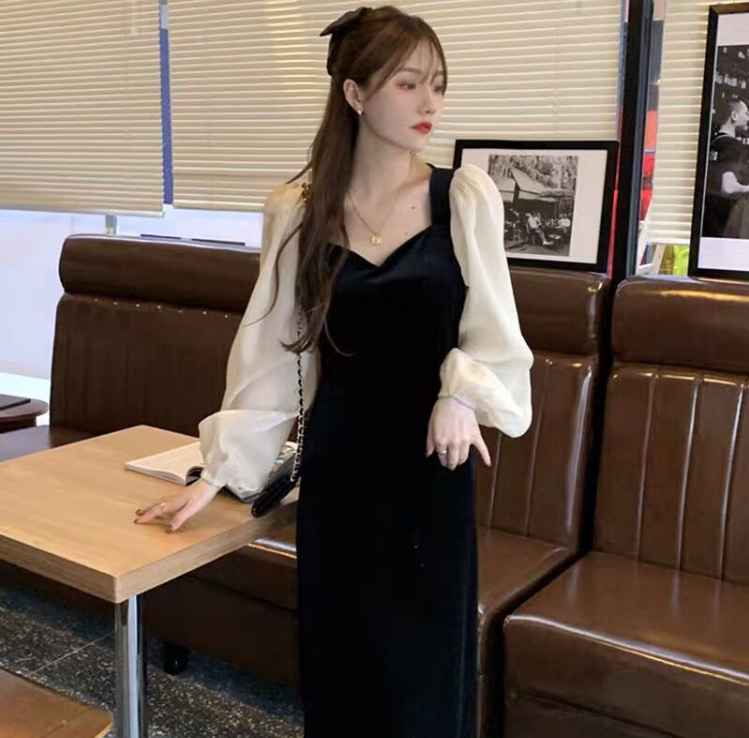 春裝新款金絲絨連衣裙法式方領泡泡袖大碼女裝連衣裙M-4XL200斤
