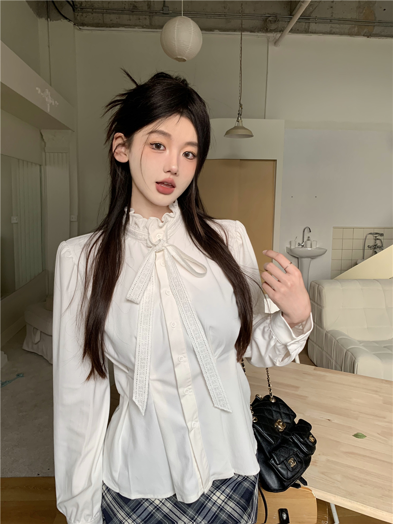 實拍 法式氣質設計感木耳邊系帶蝴蝶結花邊白色襯衣打底上衣