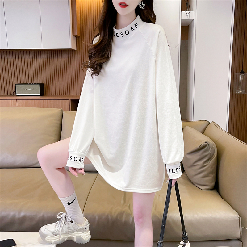 實拍 2024春季280克寬鬆雙面德絨半高領刺繡長袖打底衫T恤女
