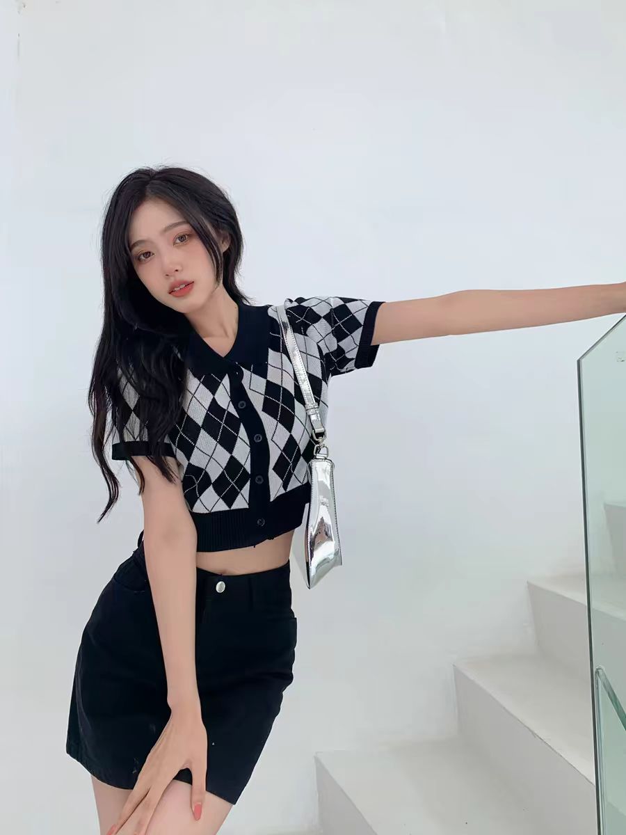 辣妹菱格針織衫女秋冬美式復古POLO衫甜辣短款修身短袖格子上衣夏