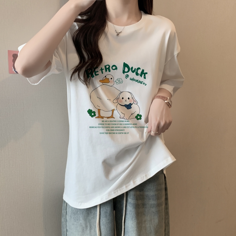 實拍 100%棉精梳純棉 印花夏裝短袖T恤女寬鬆韓版