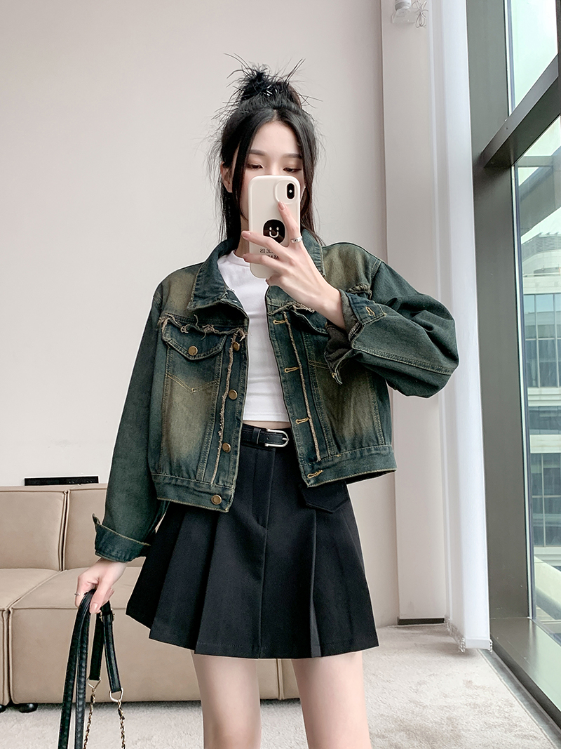 實拍~復古毛邊氣質牛仔外套女春新款設計感小眾做舊時尚上衣