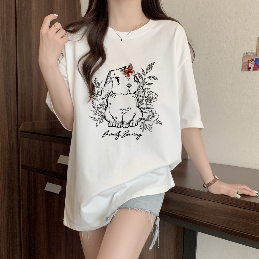 實拍 100%棉精梳純棉 印花夏裝短袖T恤女寬鬆韓版