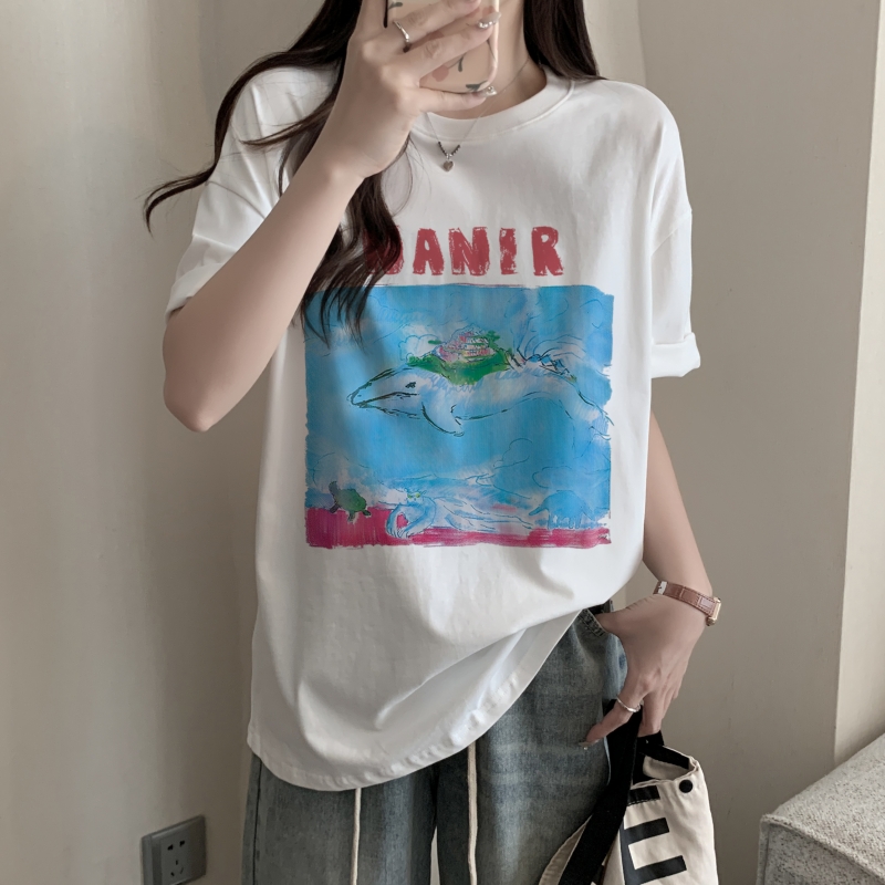 實拍 100%棉精梳純棉 印花夏裝短袖T恤女寬鬆韓版