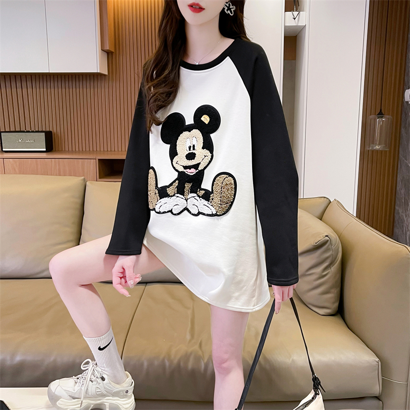 實拍 2024春季280克寬鬆雙面德絨圓領刺繡長袖打底衫T恤女
