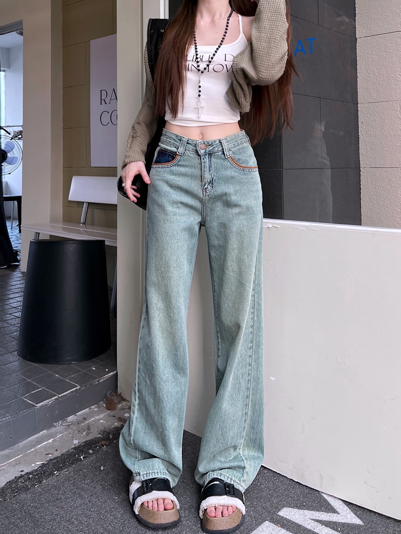 實拍#直筒牛仔長褲女寬鬆水洗設計感顯瘦窄版闊腿拖地褲子