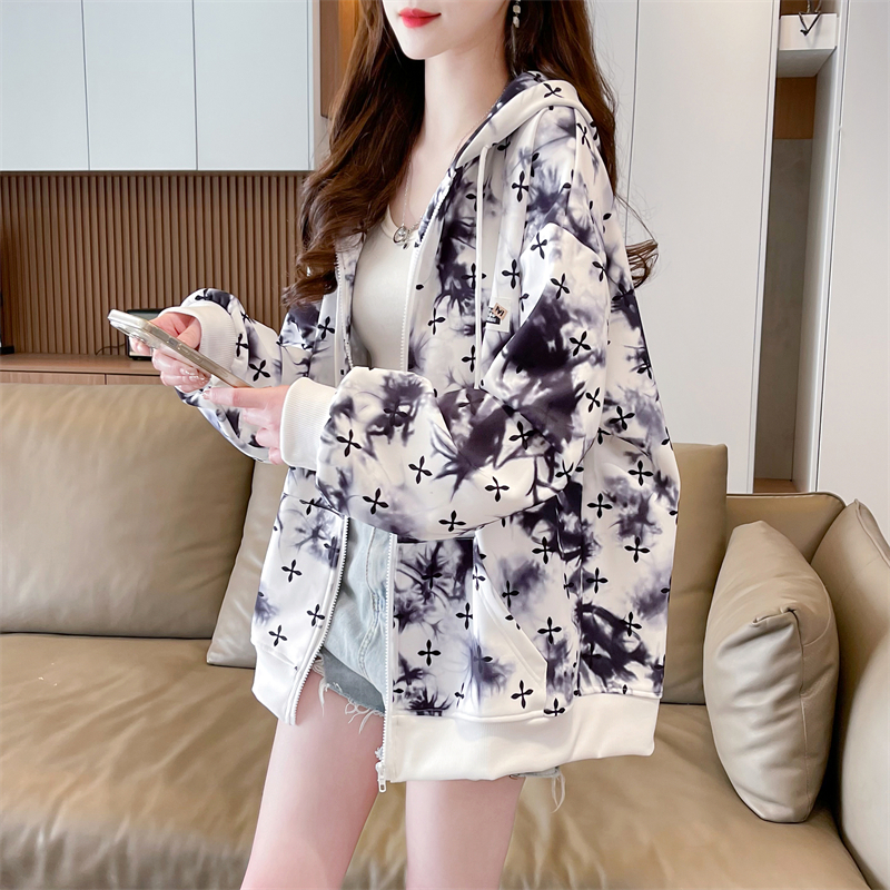 Real shot 2024 spring new Korean style 320g Chinese cotton hooded ink printed zipper cardigan thin jacket for women