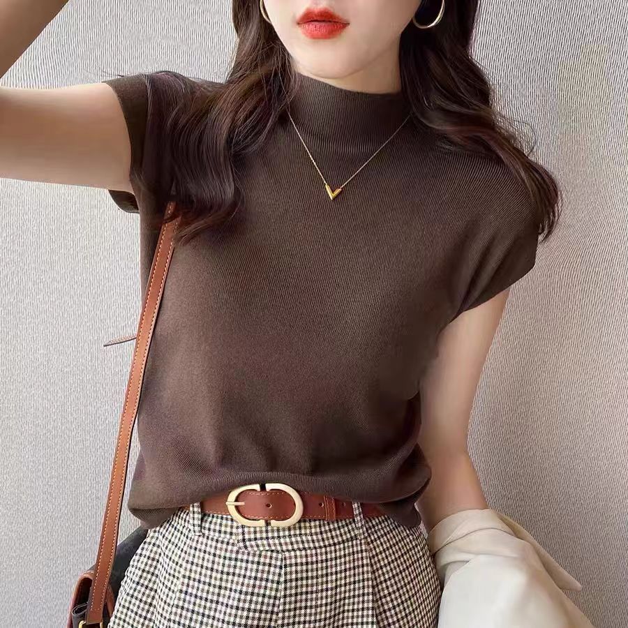 半高領打底衫女內搭2024新款短袖針織衫修身春秋薄款背心短款上衣