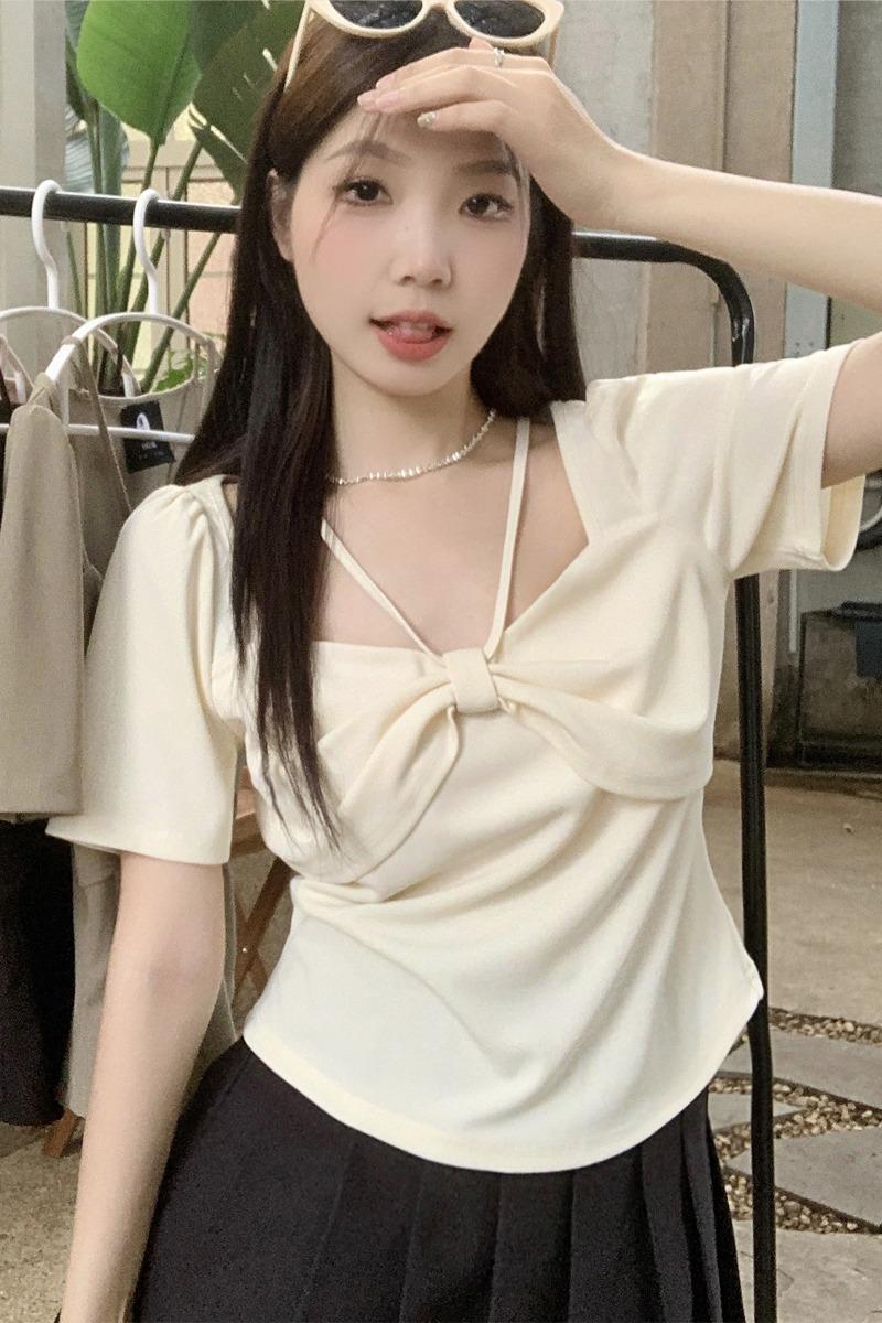已出貨 短袖t恤女裝設計感小眾夏季微胖mm辣妹鎖骨正肩顯瘦上衣