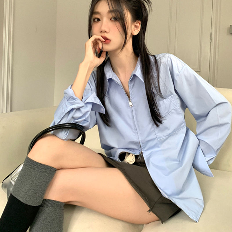 法式獨特别致設計感小眾雙拉鏈白襯衫女秋新款慵懶寬鬆打底襯衣