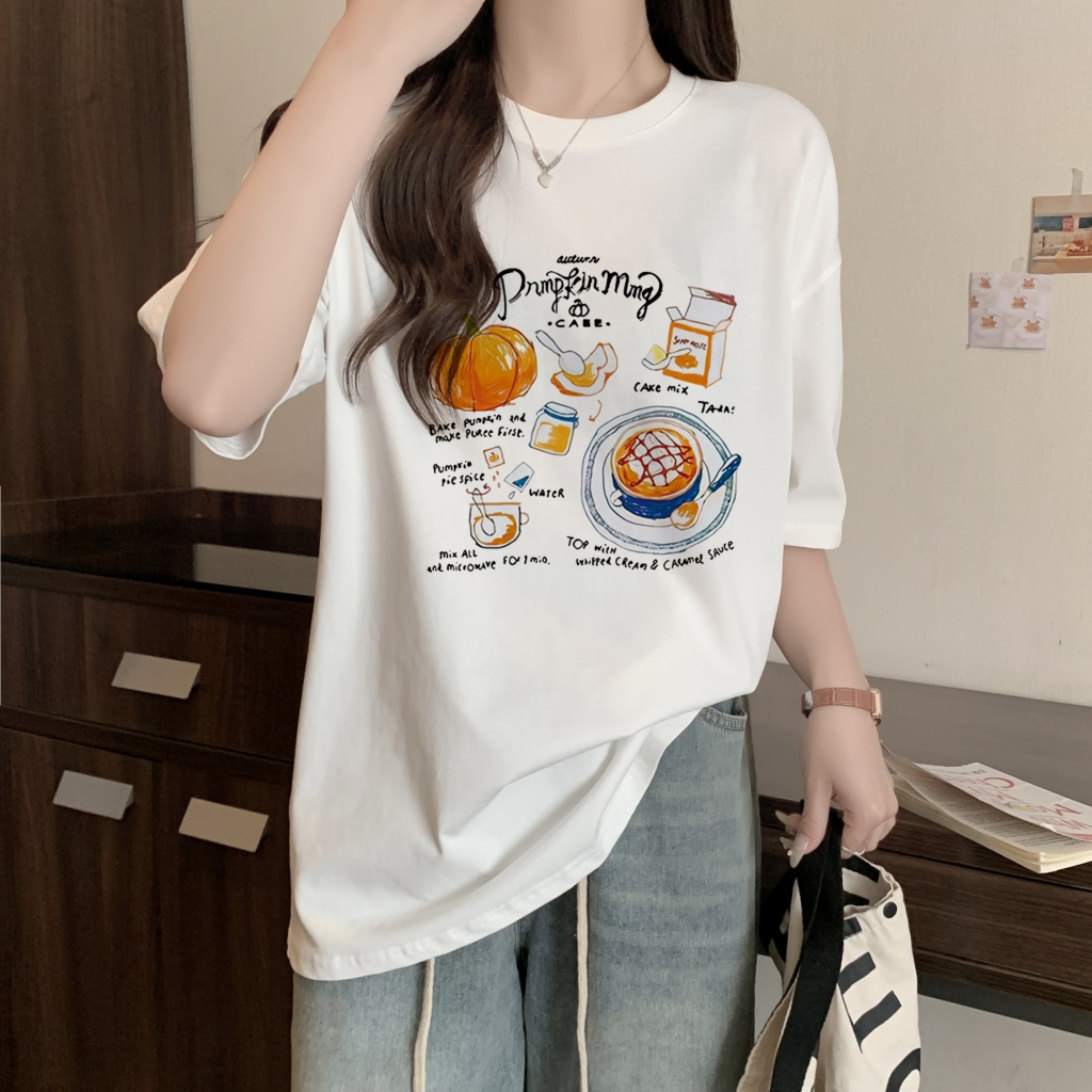 實拍 100%棉精梳純棉 印花夏裝短袖T恤女寬鬆韓版