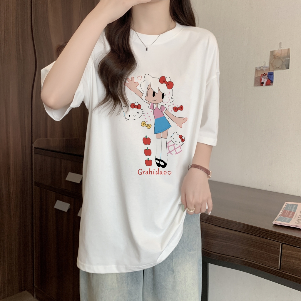 實拍 100%棉精梳純棉 印花夏裝短袖T恤女寬鬆韓版