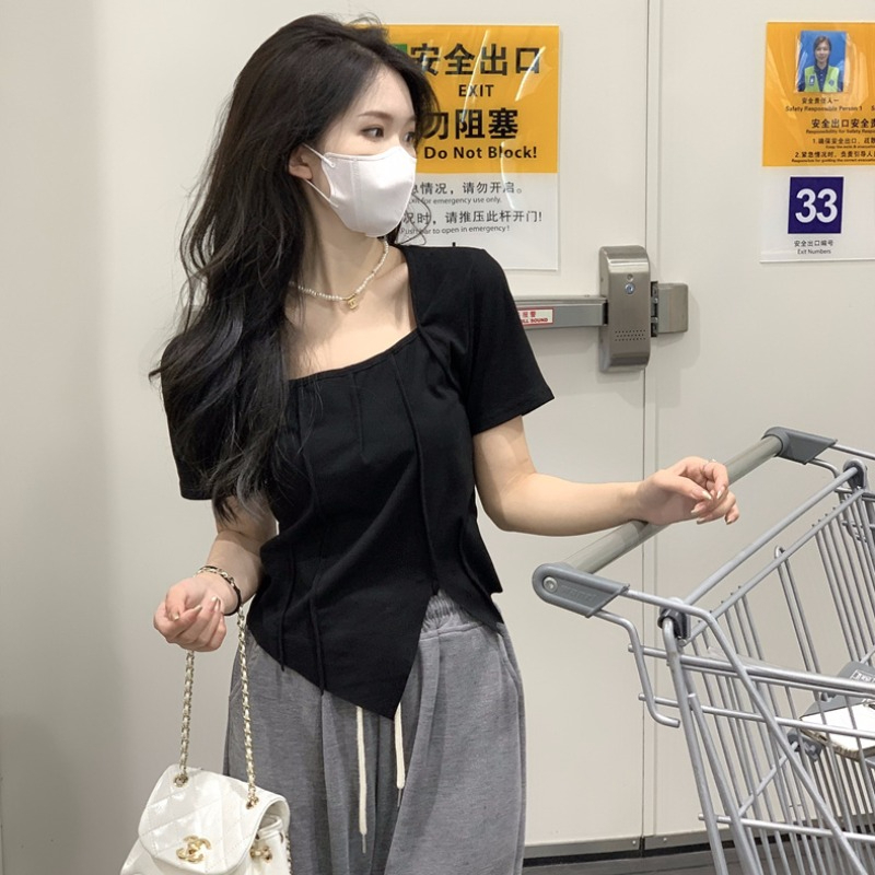新款純欲風方領短袖正肩T恤女設計感小眾夏季不規則顯瘦上衣