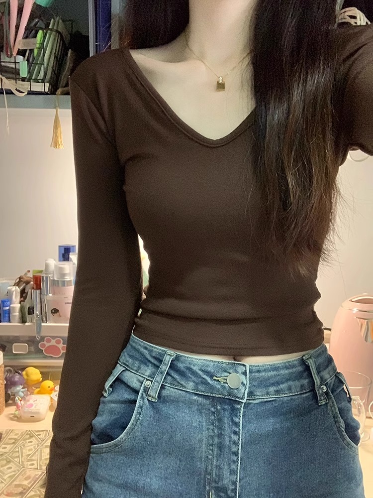 螺紋德絨~v領長袖t恤女新款別致小眾短款上衣修身內搭打底衫潮