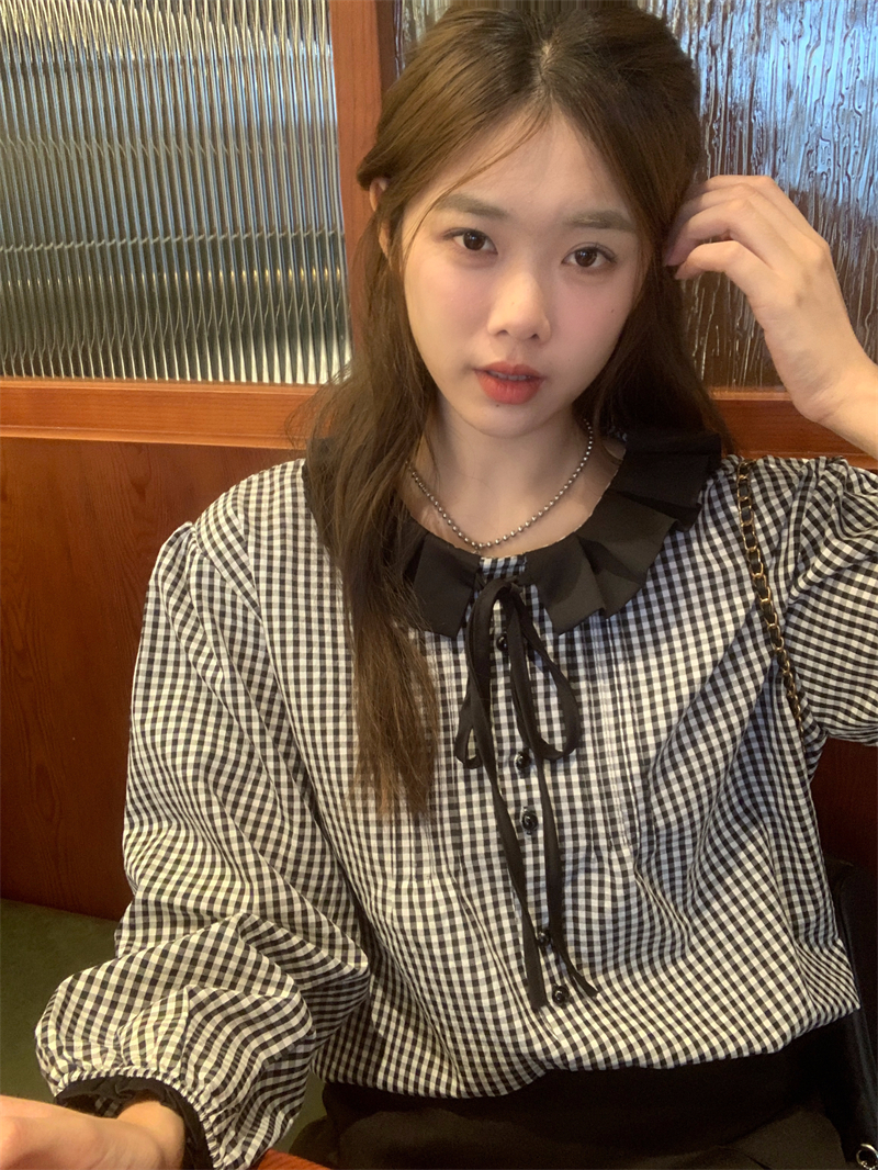 實拍~ 早秋甜美韓chic簡約撞色格子小翻領百搭襯衫