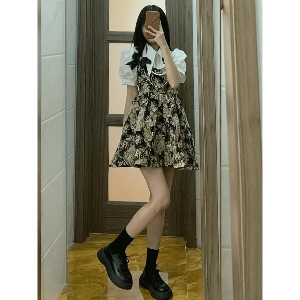 復古重工珍珠蝴蝶結吊帶連衣裙女夏季新款洋氣收腰設計感裙子
