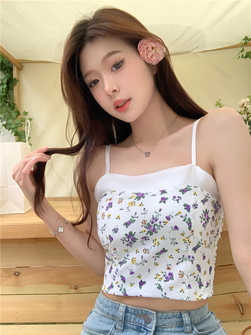 實拍~度假風小碎花吊帶背心外穿甜美修身百搭無袖打底衣