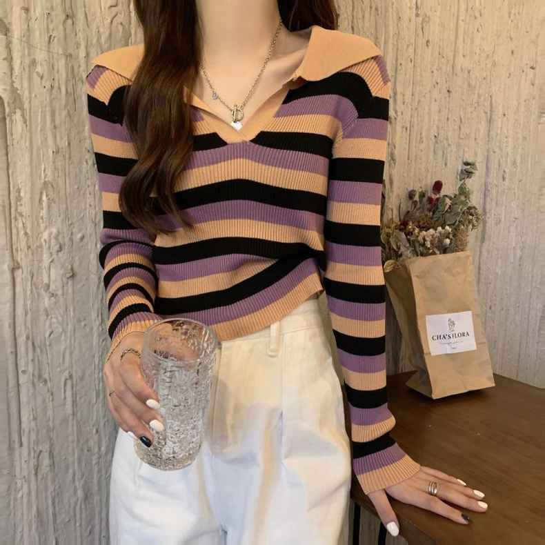 2024 spring Internet celebrity new striped lapel long-sleeved T-shirt sweater for women, fashionable and chic tops and bottoming shirts