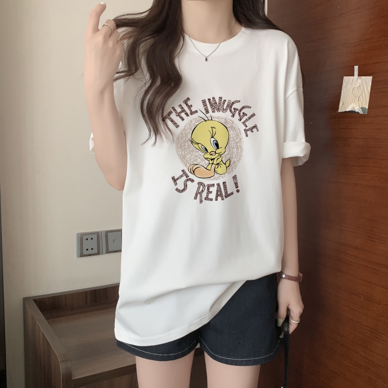 實拍 100%棉精梳純棉 印花夏裝短袖T恤女寬鬆韓版