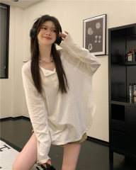 Real shot Korean style solid color pullover T-shirt sun protection clothing for women spring and summer loose long-sleeved thin hooded top