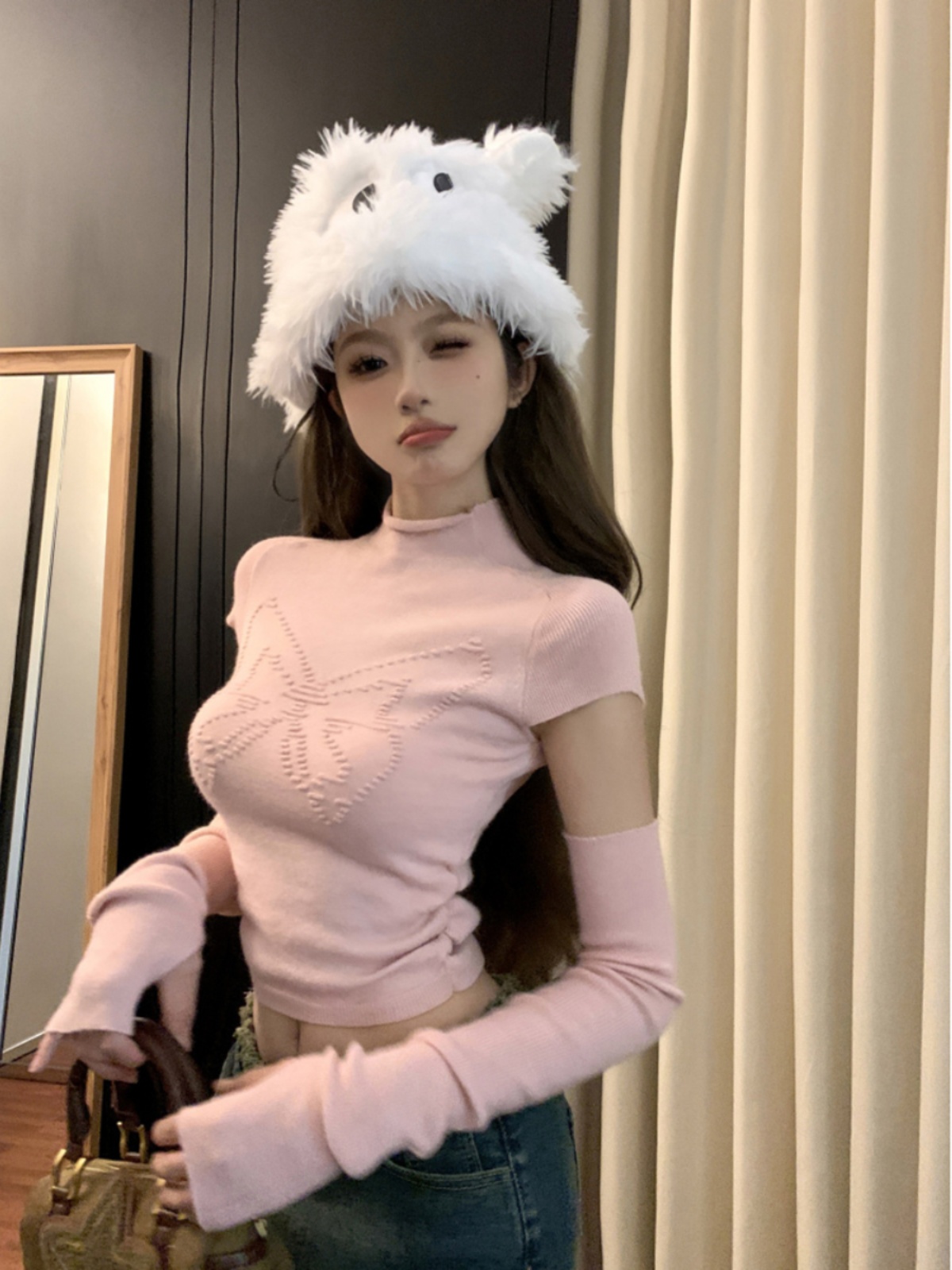 辣妹袖套針織衫女裝秋冬設計感半高領內搭打底衫修身顯瘦純欲上衣