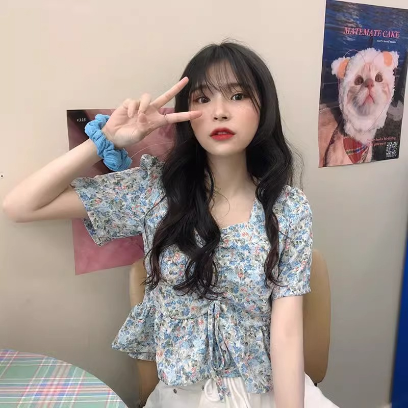 原版做工甜美小清新超仙設計感藍色小碎花寬鬆顯瘦短袖女上衣