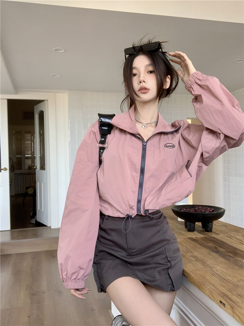 Real shot American retro workwear drawstring short coat thin stand-up collar zipper long-sleeved sun protection clothing for women