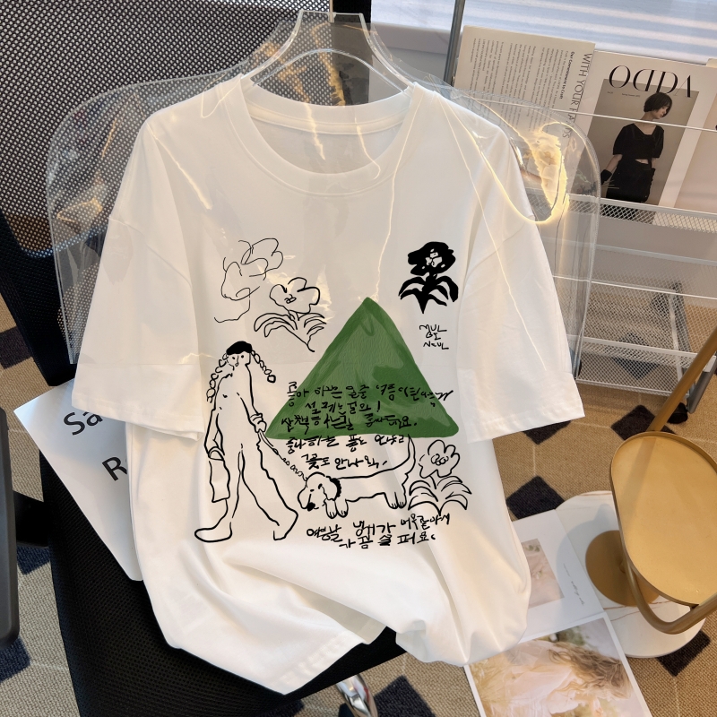 實拍 100%棉精梳純棉 印花夏裝短袖T恤女寬鬆韓版