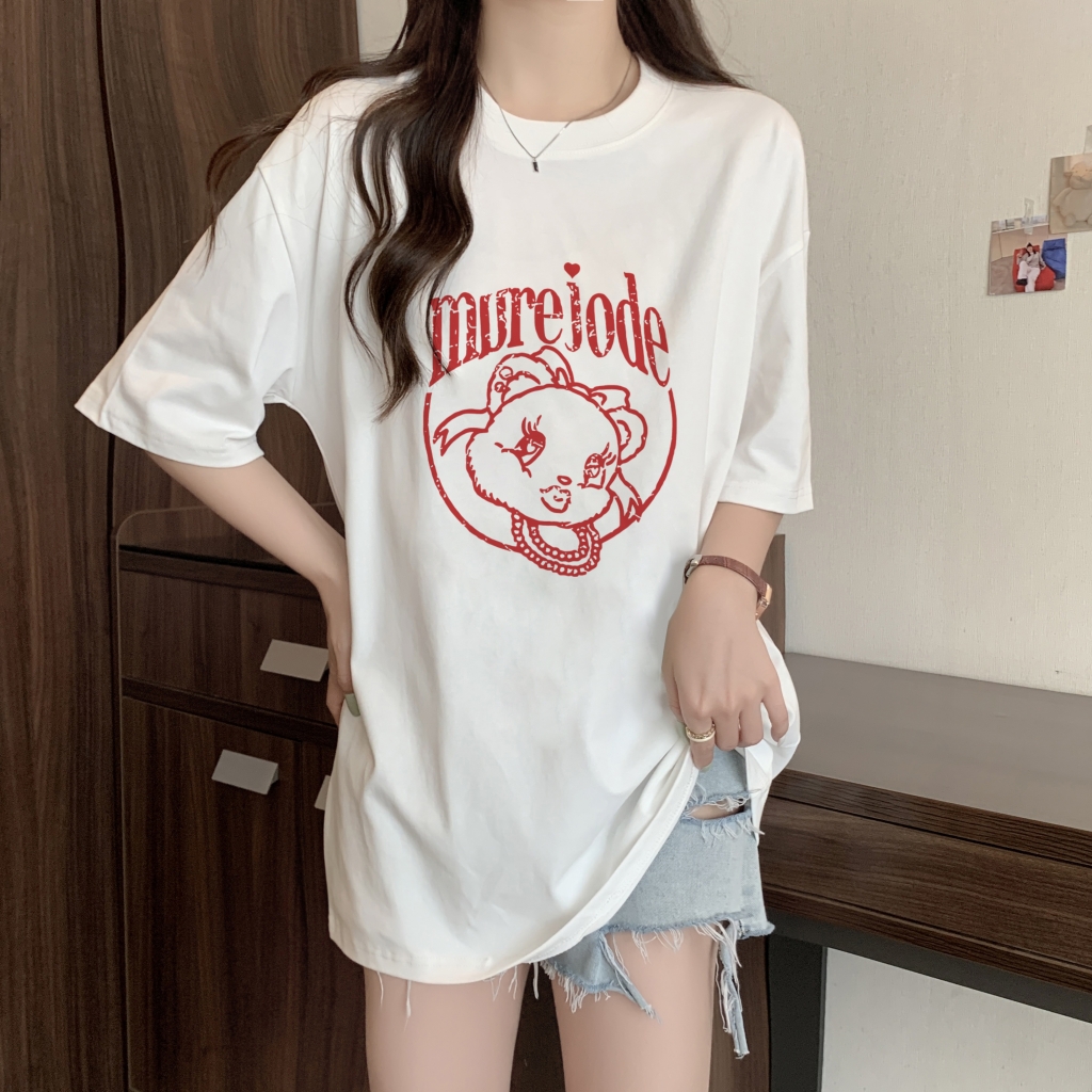 實拍 100%棉精梳純棉 印花夏裝短袖T恤女寬鬆韓版